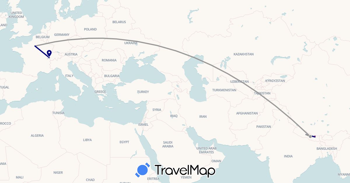 TravelMap itinerary: driving, plane, hiking in Switzerland, France, Nepal (Asia, Europe)